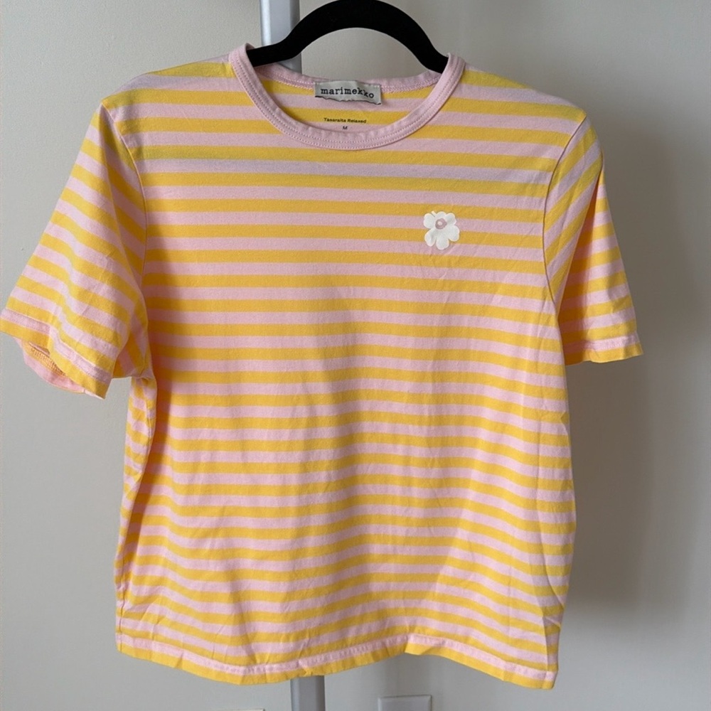 Marimekko Cotton yellow pink striped relaxed fit t shirt, size M